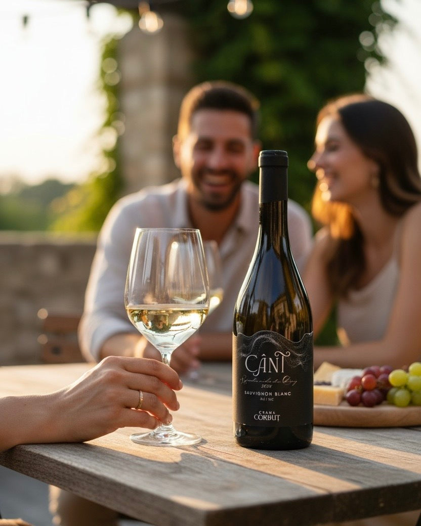Sticlă de vin Cânt Sauvignon Blanc – vin alb sec Crama Corbuț Oradea, disponibil cu livrare la domiciliu TRAVÁ Atelier Floral