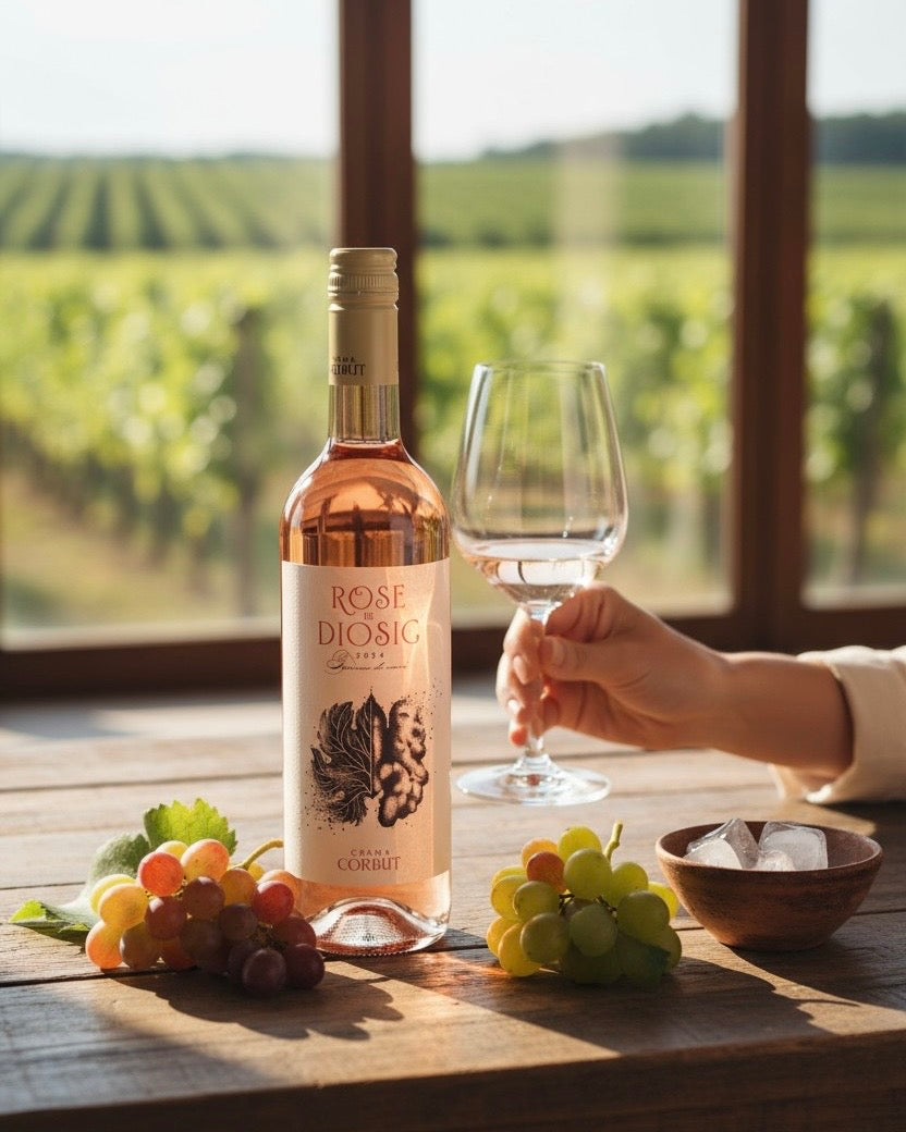 Sticlă de vin Rosé Diosig – vin rosé sec Crama Corbuț Oradea, disponibil cu livrare la domiciliu TRAVÁ Atelier Floral