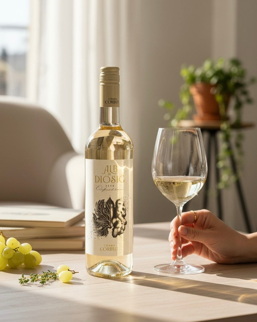 Vin Alb Diosig – vin alb sec Crama Corbuț, Oradea, disponibil cu livrare la domiciliu TRAVÁ Atelier Floral