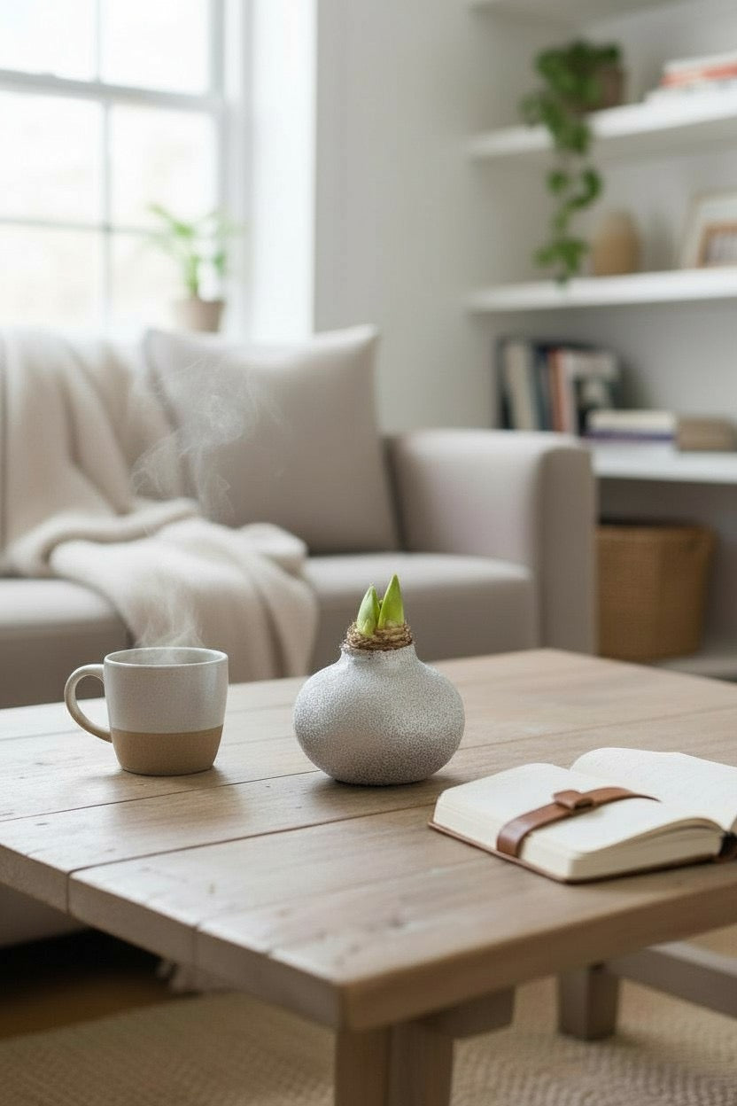 Bulb de Amaryllis decorativ așezat într-un vas texturat, pe o masă într-o încăpere modernă – TRAVA Florărie Oradea