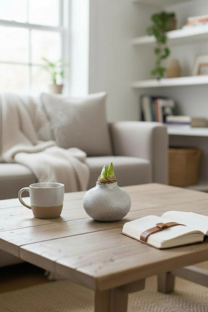 Bulb de Amaryllis decorativ așezat într-un vas texturat, pe o masă într-o încăpere modernă – TRAVA Florărie Oradea