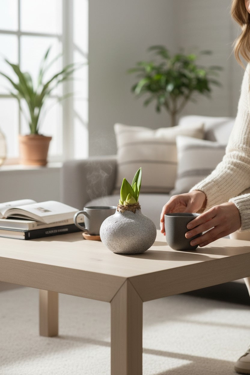 Bulb de Amaryllis în vas decorativ, luminat cald de soare, ținut de o mână pe un pervaz – TRAVA Florărie Oradea