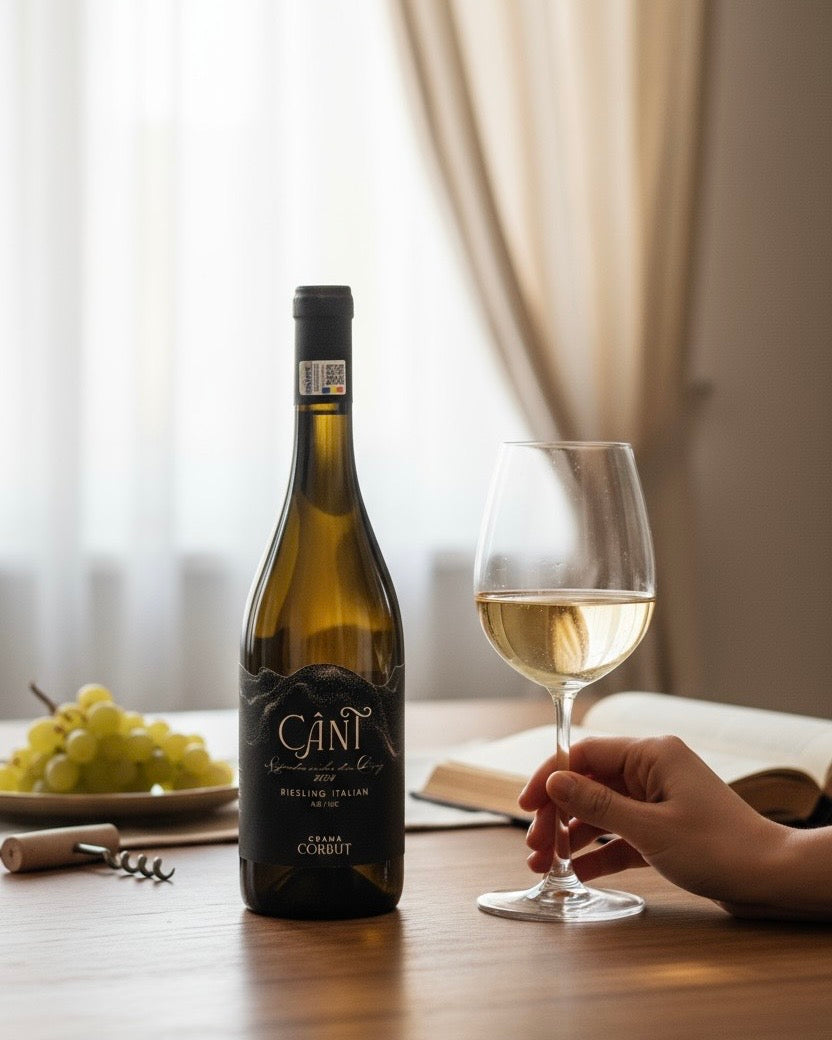 Sticlă de vin Cânt Riesling Italian – vin alb sec Crama Corbuț Oradea, disponibil cu livrare la domiciliu TRAVÁ Atelier Floral