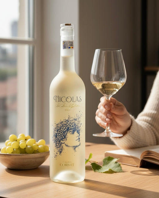 Sticlă de vin Nicolas – vin alb sec Crama Corbuț Oradea, disponibil cu livrare la domiciliu TRAVÁ Atelier Floral