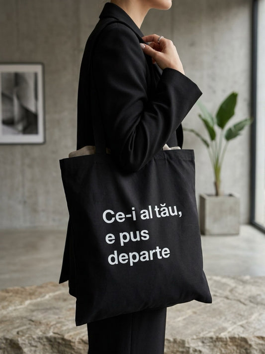 Tote bag din bumbac negru 100%, cu mesaj Ce-i al tău, e pus departe, atârnată de clanța unei uși vintage.
