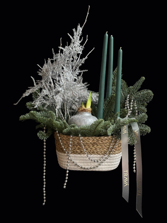 Aranjament de Craciun in cos cu brad natural lumanari verzi si bulb amarilis argintiu florarie Oradea