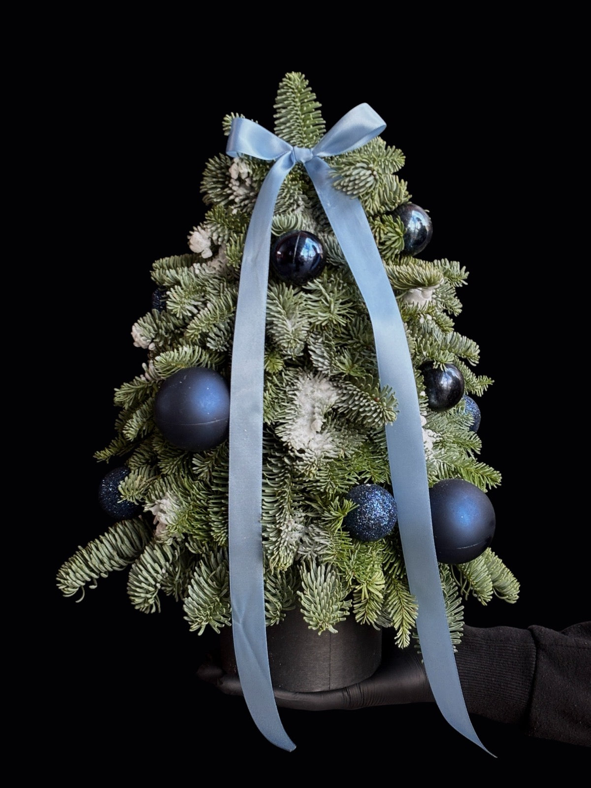 Bradut de Craciun din brad natural decorat cu globuri albastre si funda de satin, tinut in mana, realizat de Trava Atelier Oradea.