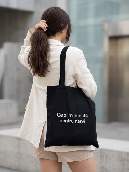 Tote bag din bumbac negru cu mesaj personalizat TRAVA Oradea