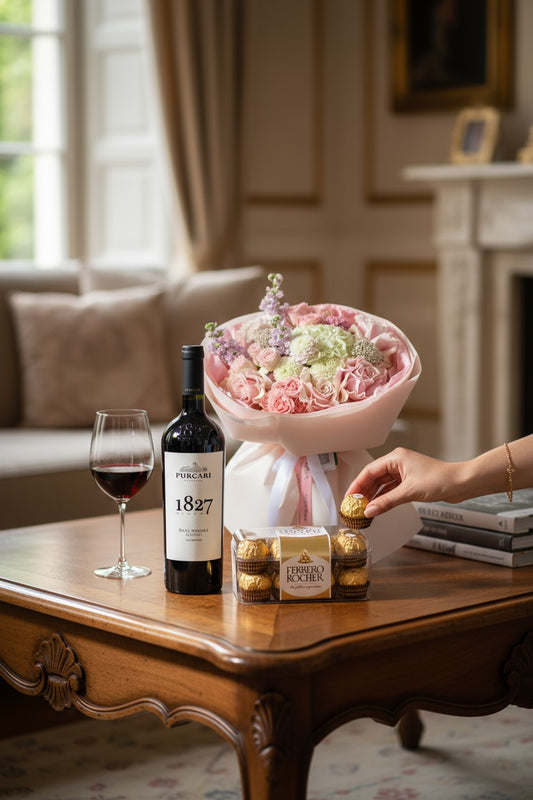 Pachet cadou cu flori roz pastelate, vin roșu Purcari și praline Ferrero Rocher – surprize la domiciliu Oradea