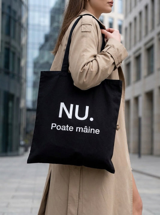 Torba din bumbac negru 100%, cu mesaj ironic NU. Poate mâine, purtată casual.
