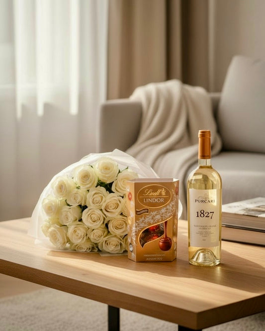 Pachet cadou elegant cu trandafiri albi, vin alb Purcari și praline Lindt – surprize la domiciliu Oradea