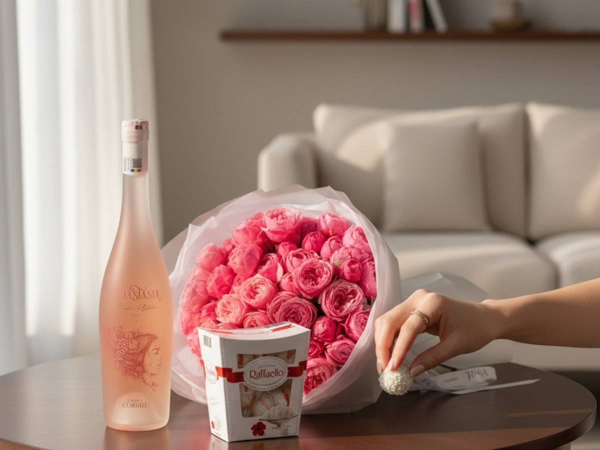 Pachet cadou cu trandafiri roz, vin rosé Anastasia și praline Raffaello – surprize la domiciliu Oradea
