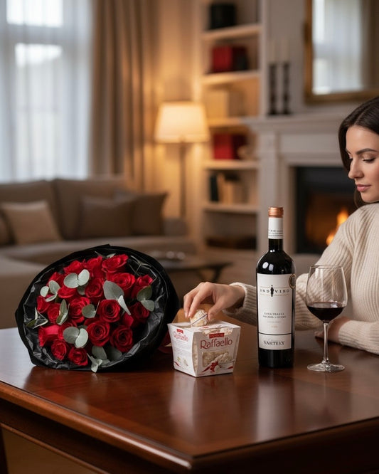 Pachet cadou romantic cu trandafiri roșii, vin roșu Individo și praline Raffaello – surprize la domiciliu Oradea