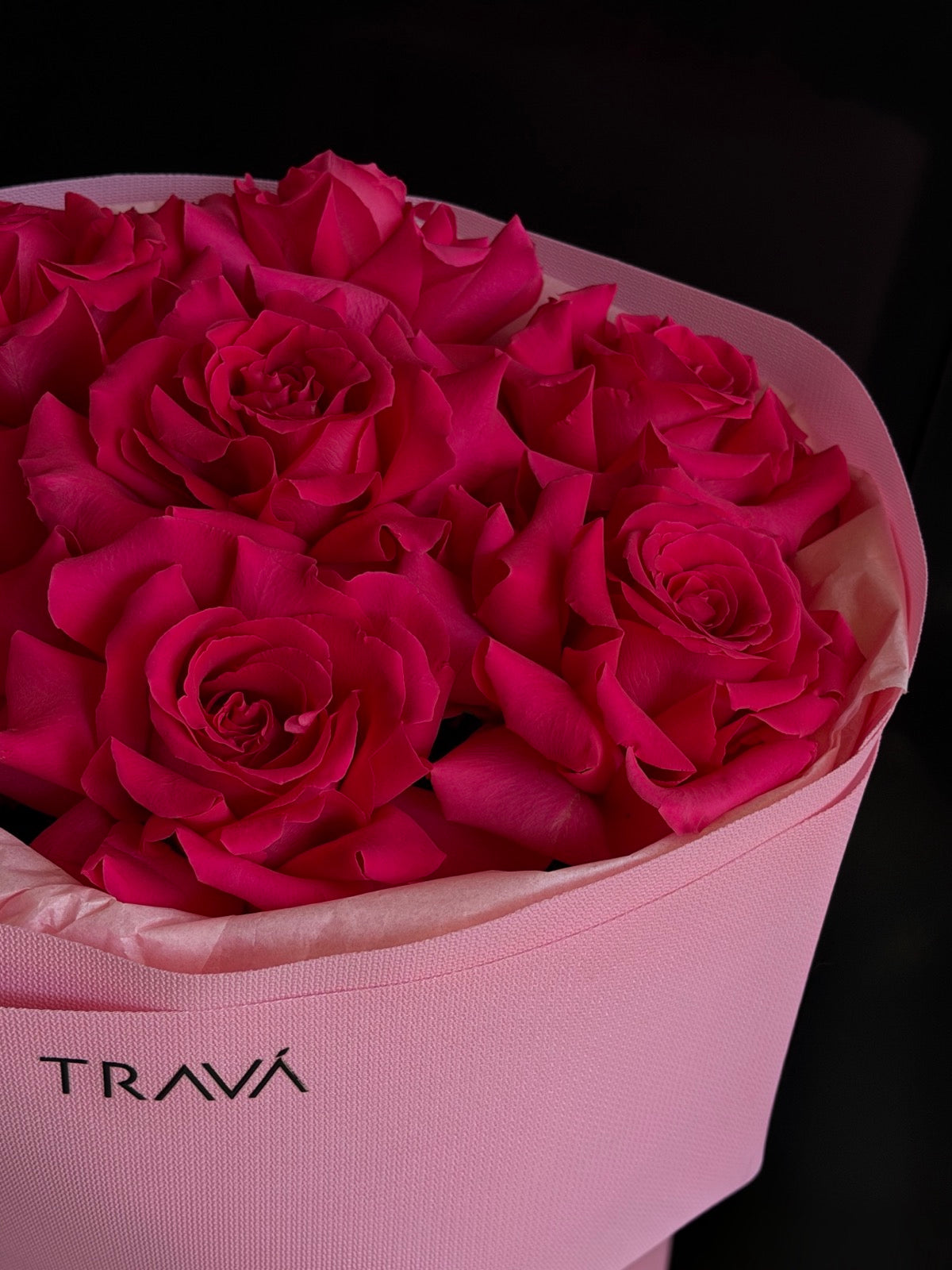 Prim-plan cu trandafiri fucsia cu petale ample și ondulate, în hârtie roz texturată cu logo TRAVÁ – trandafiri Oradea