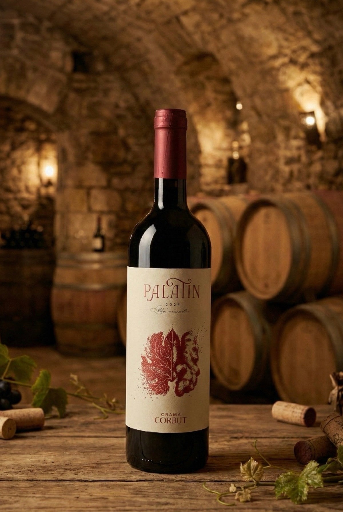 Sticlă de vin roșu Palatin 2024 Crama Corbuț, în colecția Trava Atelier – florărie Oradea, livrare flori la domiciliu